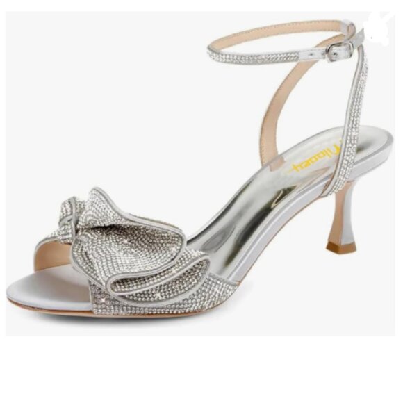 Milooey shoes Silver Glitter Rhinestone Bow Sandal Crystal Ankle Strap Shoe - Picture 1 of 8